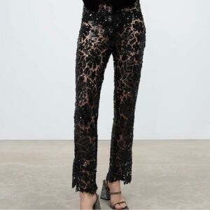 Zara Black Lace Sequin Cropped Straight-Leg Pants